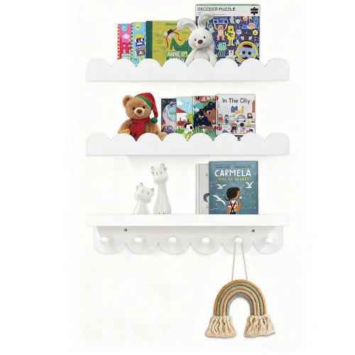 Ophelia & Co. Floating Kids Bookshelf Set Of 3 With Hooks, Wood Scalloped Nursery Shelves For Wall, Book & Toy Storage For Baby Room, Playroom Organization | Wayfair