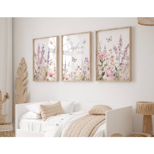 Wildflower Nursery Prints, Cottage Lavender Art, Set of 3