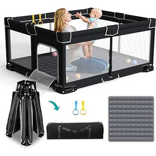 Foldable Playpen for Babies and Toddlers, 71x59 Inches Portable Playpen, Kids Collapsible Play Pen with 2 Handlers, Indoor & Outdoor Baby Play Area with Visible Mesh (Black)