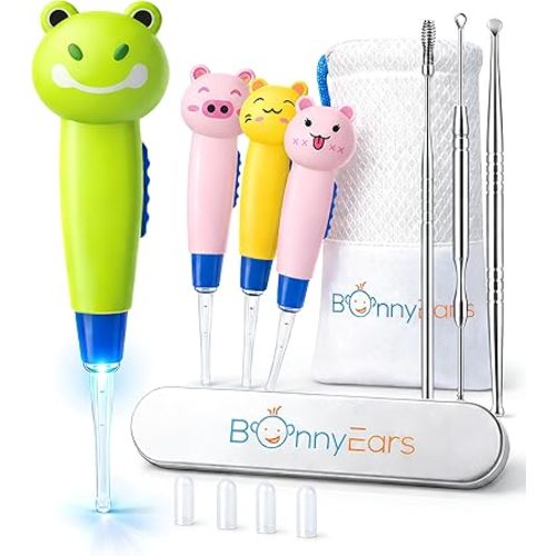 Ear Wax Removal Tool with Led Light for Kids - Toddlers, Infants, Baby and Adult by BonnyEars | Stainless Steel Earwax Remover Kit | Ear Pick Spoon Curette Tweezers Cleaning