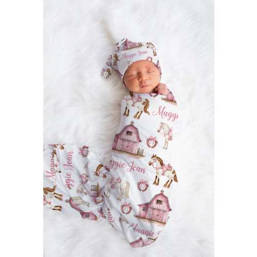 PINK HORSE BABY Girl Swaddle Blanket Set, Pink Barn Girl Name Swaddle, Pink Bow Horse Swaddle, Girl Personalized Baby Headband Hat Swaddle