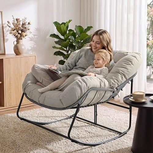 Bifanuo Oversized Egg Rocking Chair for Indoor Outdoor – All-Weather Wicker Rattan Lounge Chair with Cushion Patio Rocker for Porch Garden or Balcony (Beige)