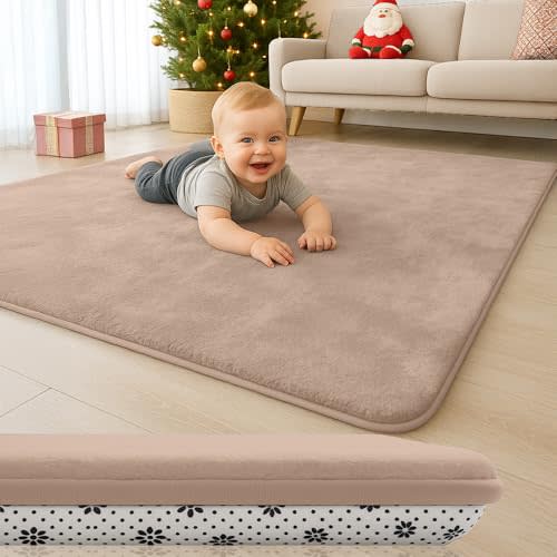 Lansber Thick Padded Baby Floor Play Mat 1.2" Cushioned Velvet Surface Non Slip Bottom High Density Foam Safe and Soft Floor Mat for Infants Toddlers and Playpen Use (Lightbrown, 50X 50)