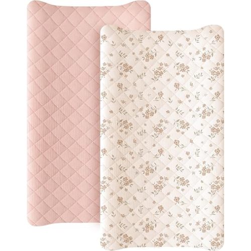 Konssy 2 Pack Quilted Muslin Changing Pad Cover, Waterproof Layer, 32"x16"