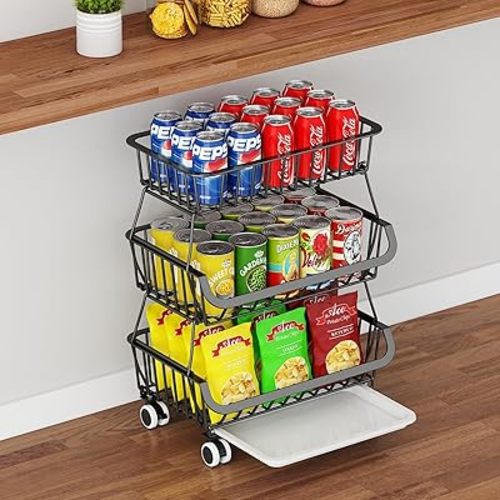 3-Tier Rolling Pantry Floor Organizer, Stackable Pantry Storage Cart with Wheels, Metal Wire Pantry Baskets, Kitchen Fruit Basket Stand, Vegetable Storage Rack for Fruits Snacks Onions Potatoes