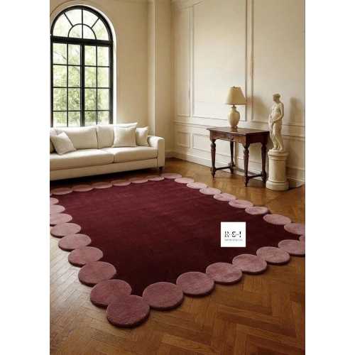 Maroon Scalloped Hand Tufted Rug | Wavy Border Wool Area Rug in Burgundy and Pink | Modern Abstract Irregular Rug | Maximalist Home Decor
