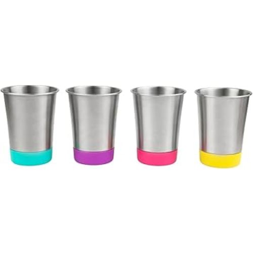 Elk and Friends Stainless Steel Kids + Toddler Drinking Cups | 12oz Tumblers with Colored Base | Durable + Stackable | Travel, Camping + Outdoors | Dishwasher Safe | 4 Pack