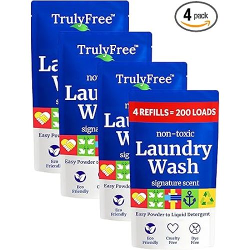 Truly Free Natural Laundry Detergent for Sensitive Skin | Eco Friendly, Plant Based, Baby Clothes Safe | Clean & Easy Powder to Liquid, 4 Pack Refill Detergent, NO Jug | Signature Scent, 200 Loads