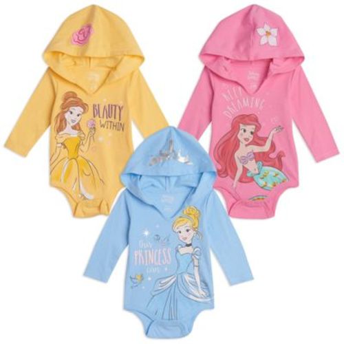 Disney Princess Cinderella Belle Ariel Newborn Baby Girls 3 Pack Cuddly Bodysuits Multicolored 0-3 Months