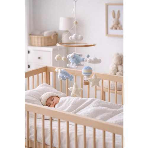 Airplane baby mobile with hot air balloon, helicopter, clouds and stars. Aviation nursery decor, sky themed nursery, adventure baby nursery