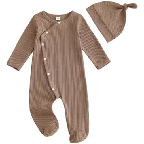 Kuriozud Newborn Baby Boy Going Home Outfit Kimono Romper Jumpsuit With Mitten Cuffs Beanie Hat Waffle Fall Winter Clothes
