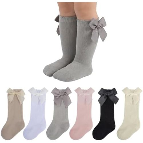 Baby Knee High Socks 6 Pairs Toddler Infant Newborn Non Slip Cotton Bow Ruffle Dress Socks for Baby Girls 0-3T