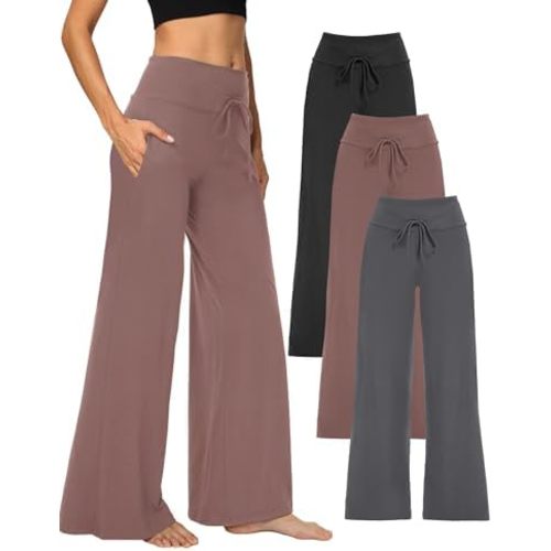 1/3 Pack Wide Leg Pants for Women with Pockets, High Waist Yoga