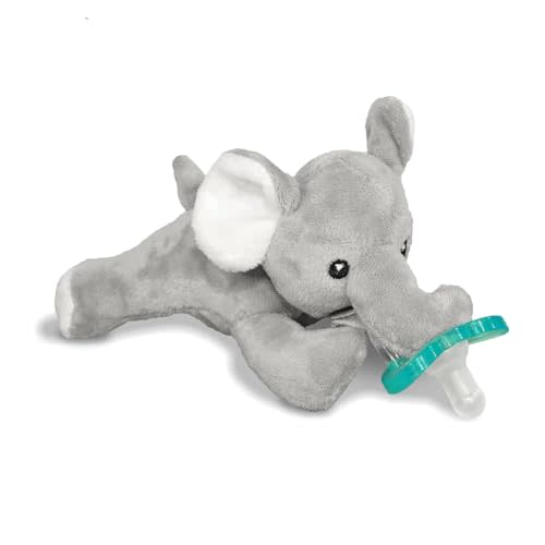 RaZbaby JollyPop Pacifier, Holder w/Detachable Baby Pacifier, Stuffed Animal RaZbuddy, All Ages 0M+, Machine Washable, Textured & Easy to Hold Elephant