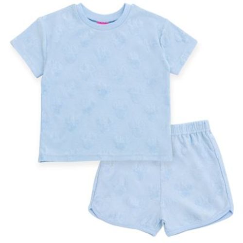 Disney Minnie Mouse Infant Baby Girls French Terry Drop Shoulder T-Shirt and Dolphin Shorts Outfit Set Pale Blue 18 Months