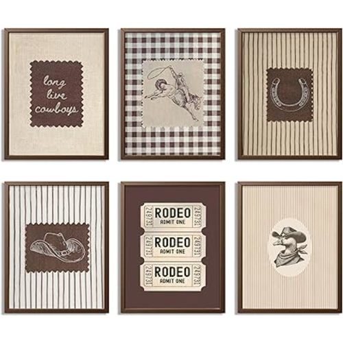 Zeredi Vintage Western Posters Wall Art Set of 6, Southwest Cowboy Canvas Wall Decor Paintings, Retro Stamp Mid West Mid Century Artwork Prints Pictures for Living Room Bedroom 8x10 Inch Unframed
