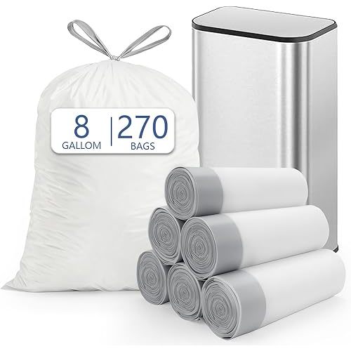 8 Gallon (30L) Trash Bags, Fits SONGMICS 8 Gallon Trash Cans, 6 Rolls 270 Counts Heavy Duty White Garbage Bags, Pre-Separated Drawstring Trash Bags, Suitable for Kitchen, Bathroom, etc.