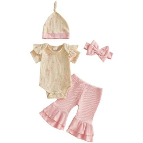 Twopumpkin Premmie Newborn Baby Clothes Girl 0 3 6 9 Month Outfits Ribbed Romper Bell Bottoms Pants Hat Headband 4PCS Sets
