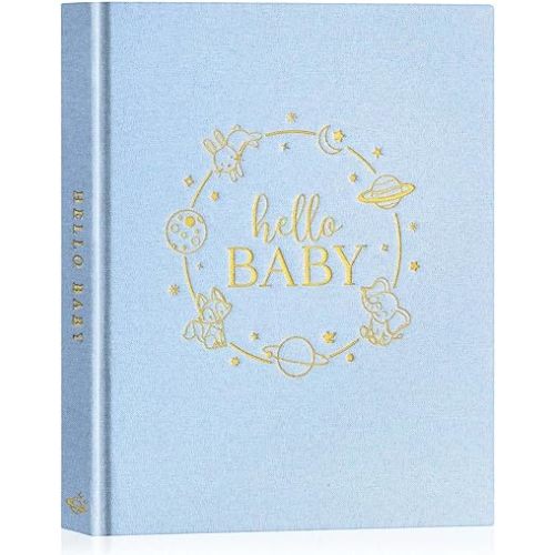 Lanpn Hello Baby Memory Book for Boy Girl - Linen Hardcover Baby Book Keepsake for New Parents - Newborn Baby First 5 Year Journal Scrapbook Photo Album Baby Milestone Book (Blue, 154 Pages)