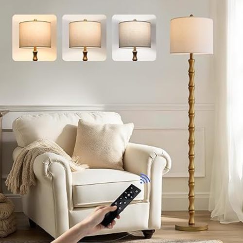 BOBOMOMO 62" Rustic Farmhouse Floor Lamp Antique Gold with Remote & Dimmable 9W Bulb, 3 Color Temperatures Resin Standing Lamp, Retro Tall Lamp for Living Room, Bedroom, Nursery, Office, Reading Nook