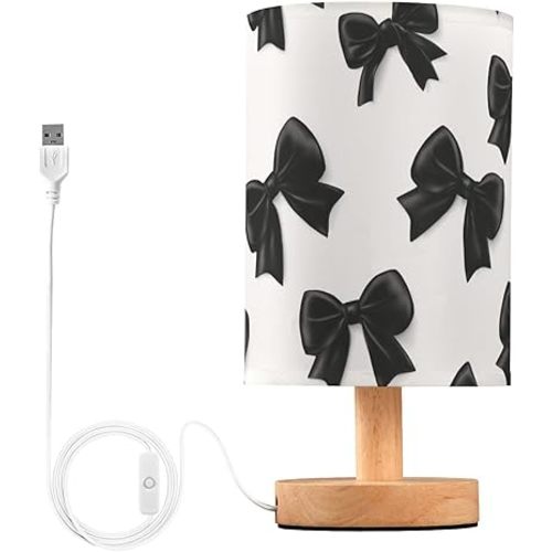 Vdsrup Table Lamp Black Bow White USB Nightstand Lamps with Wood Base Eye-Friendily Lampshade for Bedroom Living Room Desk Nursery Office Home Decor
