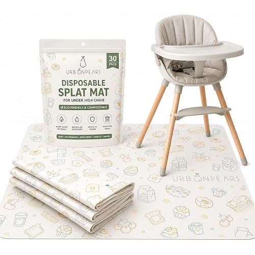 Disposable Splat Mats, 30 Pack, Eco-Friendly & Compostable, Baby Led Weaning Supplies, Under Highchair Splat Mat for Floor, Urban Pears