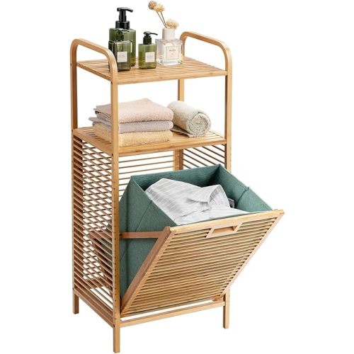 Giantex Laundry Hamper Tilt-Out Laundry Linen Hamper Bamboo Freestanding Clothes Basket W/Shelf & Removable Liner, Storage Laundry Shelf for Bathroom Living Room Bedroom, Natural
