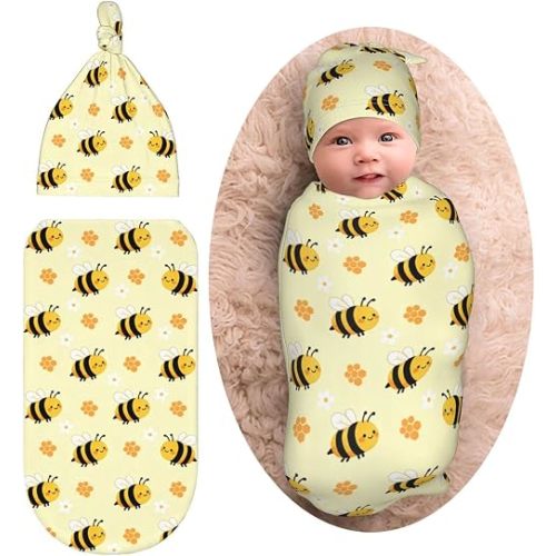 Cute bee Newborn Swaddle Blanket Baby Stuff Baby Swaddling Blanket with Beanie Set Soft for Unisex Girls Boys