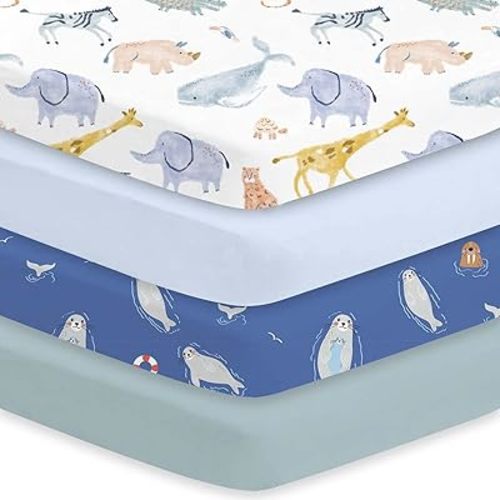 Little Grape Land Crib Sheets 4 Pack for Boys and Girls, Baby Neutral Crib Fitted Sheets for Standard Crib & Toddler Mattress, Super Soft Breathable Fitted Crib Sheet Set (Fauna & Sea Lion)
