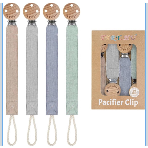 TYRY.HU Ribbon Pacifier Clip Holder,4 Pack Binky Paci Holder Clips, Pacifier Leash for Boys and Girls, Soft Webbing Strap Universal Fits for Most Pacifier, Styles & Teethers(Khaki,Grey,Blue,Green)