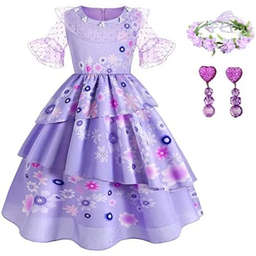 Encanto Mirabel Costume for Girls Cosplay Isabella Outfit Princess Halloween Dress Up With Earrings