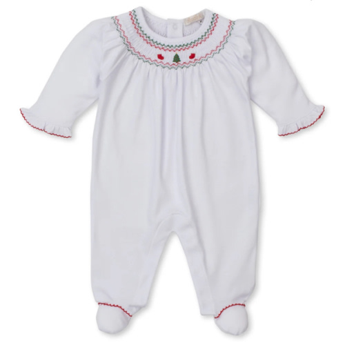 CLB Holiday Medley 25 Christmas Tree White Hand Smocked Footie