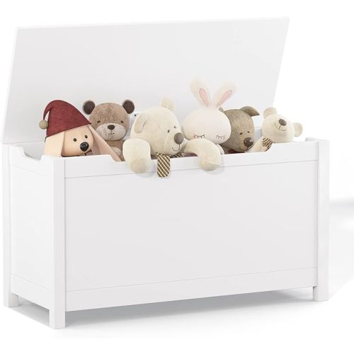 Kids Wooden Toy Chest with Safety Hinged Lid, 2.7 Cubic Feet Large Toy Box Storage Bench, Sturdy Toy Box for Living Room Bedroom, Suitable for Ages 3+ (White, MDF)
