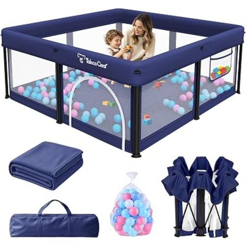 TOREVSIOR Foldable Baby Playpen with Mat, 50"×50" Collapsible Play Pen for Babies and Toddlers, Indoor & Outdoor Kids Safety Play Pen, Portable Play Yard, Foldable Baby Playpen with 50 Ocean Balls