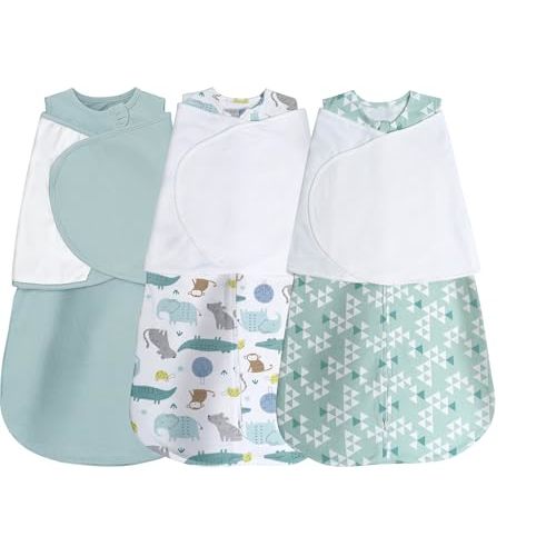 Baby Sleep Sack Swaddle 3 Pack, 3-Way Adjustable, Organic Cotton | Swaddles 3-6 Months,newborn,12-18 lbs,1.0 TOG,Transition Blanket,Green&Light Green&Animals