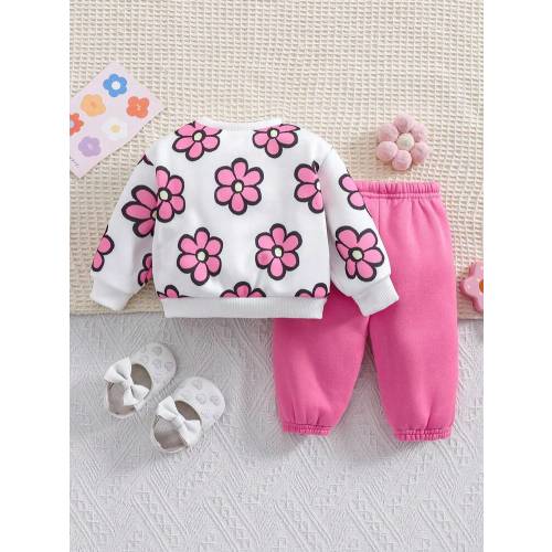 SHEIN Newborn Baby Girl 2pcs/Set Autumn/Winter Fashion Outdoor Casual Pink Knitted Cartoon Floral Fleece Hooded Sweatsuit Set, Suitable For Outdoor, Party And Other Occasions | SHEIN USA