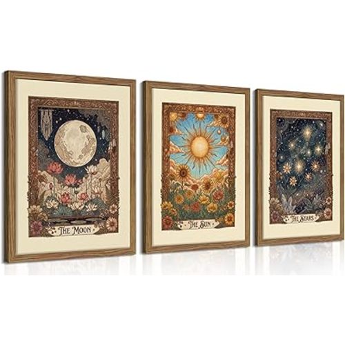 Tarot Card Wall Art Set of 3, Boho Floral Moon and Stars Canvas Wall Decor Painting, Vintage Sun And Moon Celestial Artwork Prints Pictures for Bedroom Living Room 16x24 Inch Wood Framed