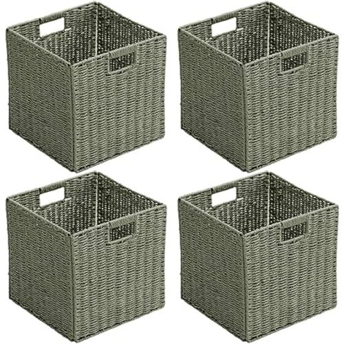 Handwoven Paper Woven Cube Basket Organizer with Handles set of 4 Foldable Storage baskets for Bedroom Living Room Cubby Storage Units for Clothes Books Toys (Green, 13" L x 13" W x 13" H)
