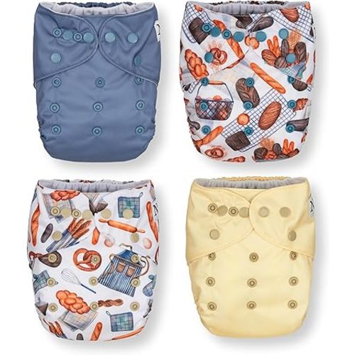 Nora's Nursery Cloth Pocket Diapers 4 Pack with 4 Inserts - Waterproof Cover, Washable, Reusable & One Size Adjustable Pocket Diapers for Newborns and Toddlers - Knead It