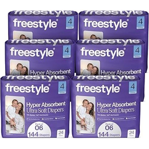 Freestyle BambooTek Diapers – (Size 4) Hyper Absorbent & Non-Toxic – Disposable Diapers for Sensitive Skin – Ultra Soft Diapers (22-37 lbs) – 144 Count