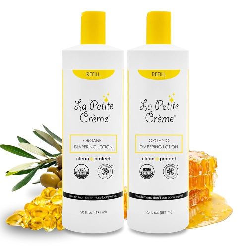 La Petite Creme French Premium Diapering Lotion - Diaper Cream Alternative to Baby Wipes - Moisturizer & Skin Cleanser - USDA Certified Organic Ingredients - Baby Essentials (2 Bottles of 20 oz)
