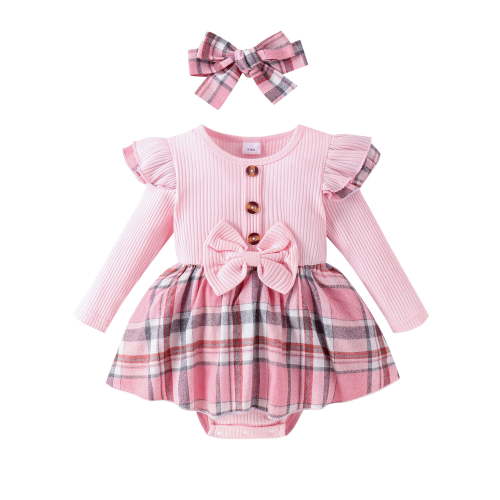 Bagilaanoe Newborn Baby Girl Rompers Dress Plaid Long Sleeve Bodysuit + Headband 3M 6M 12M 18M Infant Fall Patchwork A-line Dresses