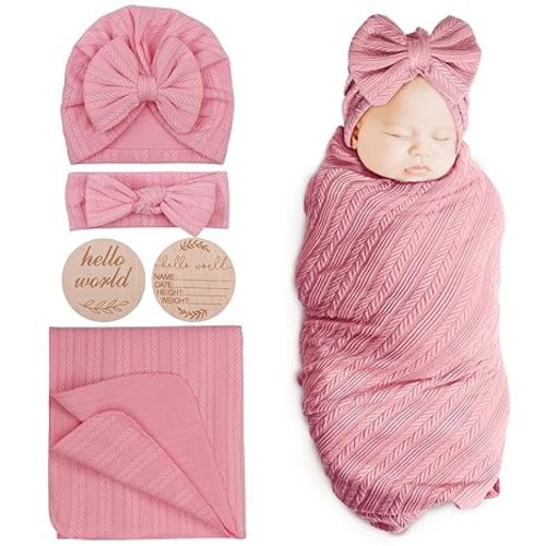 DRESHOW BQUBO Baby Swaddle Blankets for Girls, 4PCS Newborn Accessories Set with Hat and Bow Headband with Hello World Wooden Birth Announcement Card, Baby Blankets for Girls