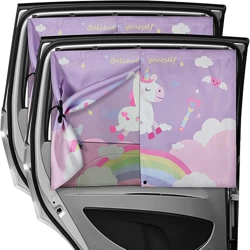 Car Window Shades, 2 PCS Magnetic Double Layer Car Sun Shade for Side Windows Privacy Full Covers/Half Shade Options Unicorn Patterns Car Window Curtains for Baby Protection