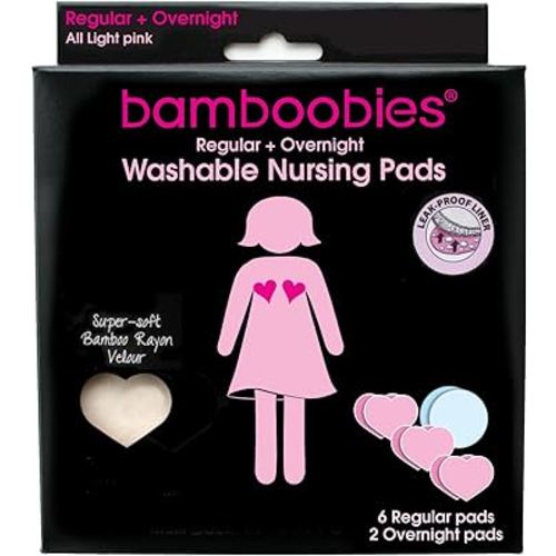 Bamboobies Women’s Nursing Pads, Reusable and Washable, Blue and Light Pink, 3 Regular Pairs and 1 Overnight Pairs, Leak-Proof Pads for Breastfeeding, 4 Pairs