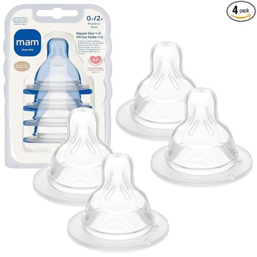 MAM Baby Bottle Anti-Colic Nipple Mixed Flow Pack, Slow Size 1 & Medium Flow Size 2 for Newborns 0+, Skin Soft BPA Free Silicone, 94% Nipple Acceptance, Fits All MAM Bottles, 4 Pack, Made in Europe