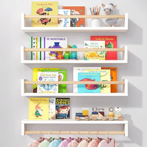 Fixwal Floating Nursery Book Shelves for Wall, 23.6 Inches, Set of 4 | Solid wood shelves store kids' books, toys and clothing. Fits kids' room, playroom, nursery, living room, bedroom & bathroom.