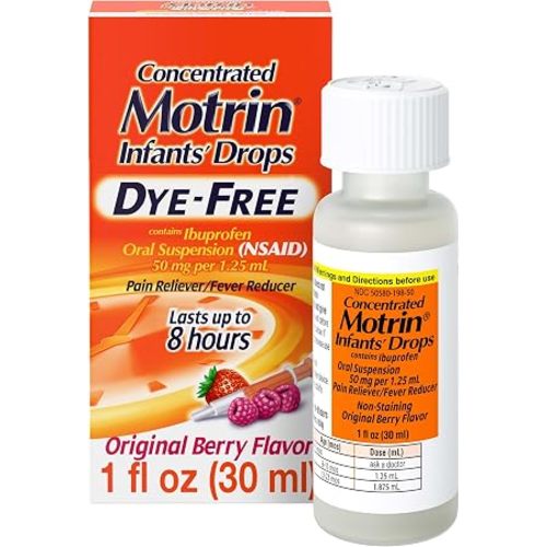 Motrin Infants' Concentrated Drops with Ibuprofen, Fever Reducer, 1 fl. oz | For Infants 6-23 months, Dye-Free, Alcohol-Free, NSAID, Pain Reliever, Original Berry Flavor