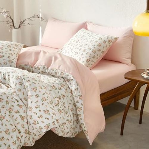 Wake In Cloud - Floral Duvet Cover Set, Flower Coquette Cottagecore Shabby Chic Cute Aesthetic, Soft Lightweight Dorm Bedding for Women Teen Girls, 3 Pieces, Peach Blush, Twin/Twin XL Size