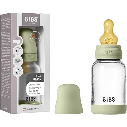 BIBS Baby Glass Bottle. 4 US fl oz / 120 ml. Anti-Colic. Vented Round Natural Rubber Latex Nipple. Supports Natural Breastfeeding, Slow Flow, Complete Set - Sage